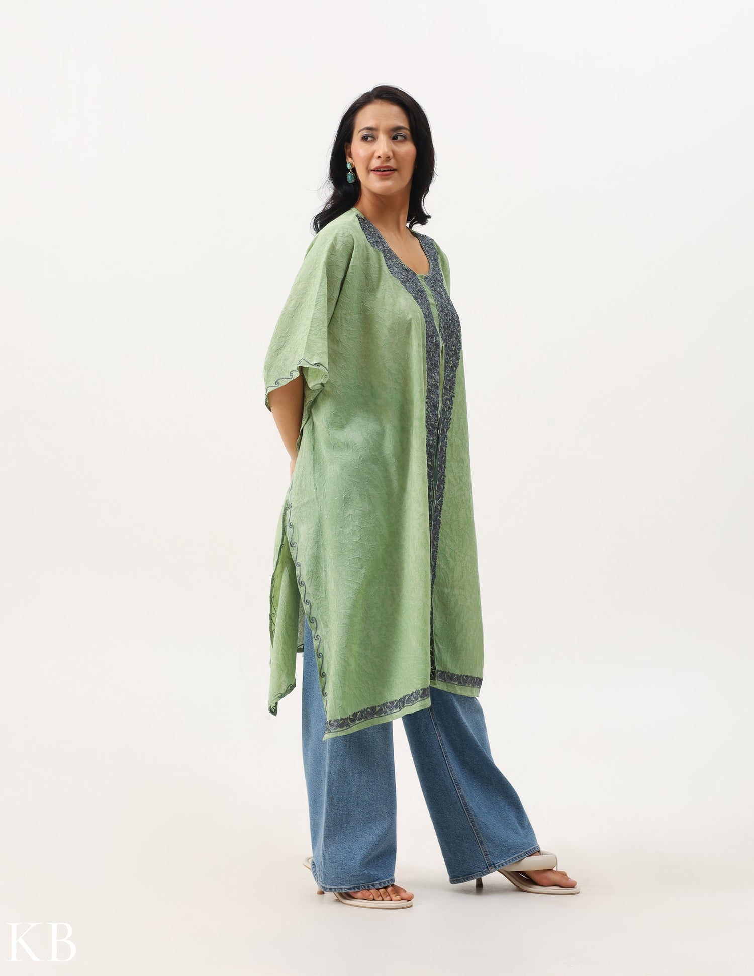 Pristine Green Zari Embellished Cotton Kaftan - Kashmir Box