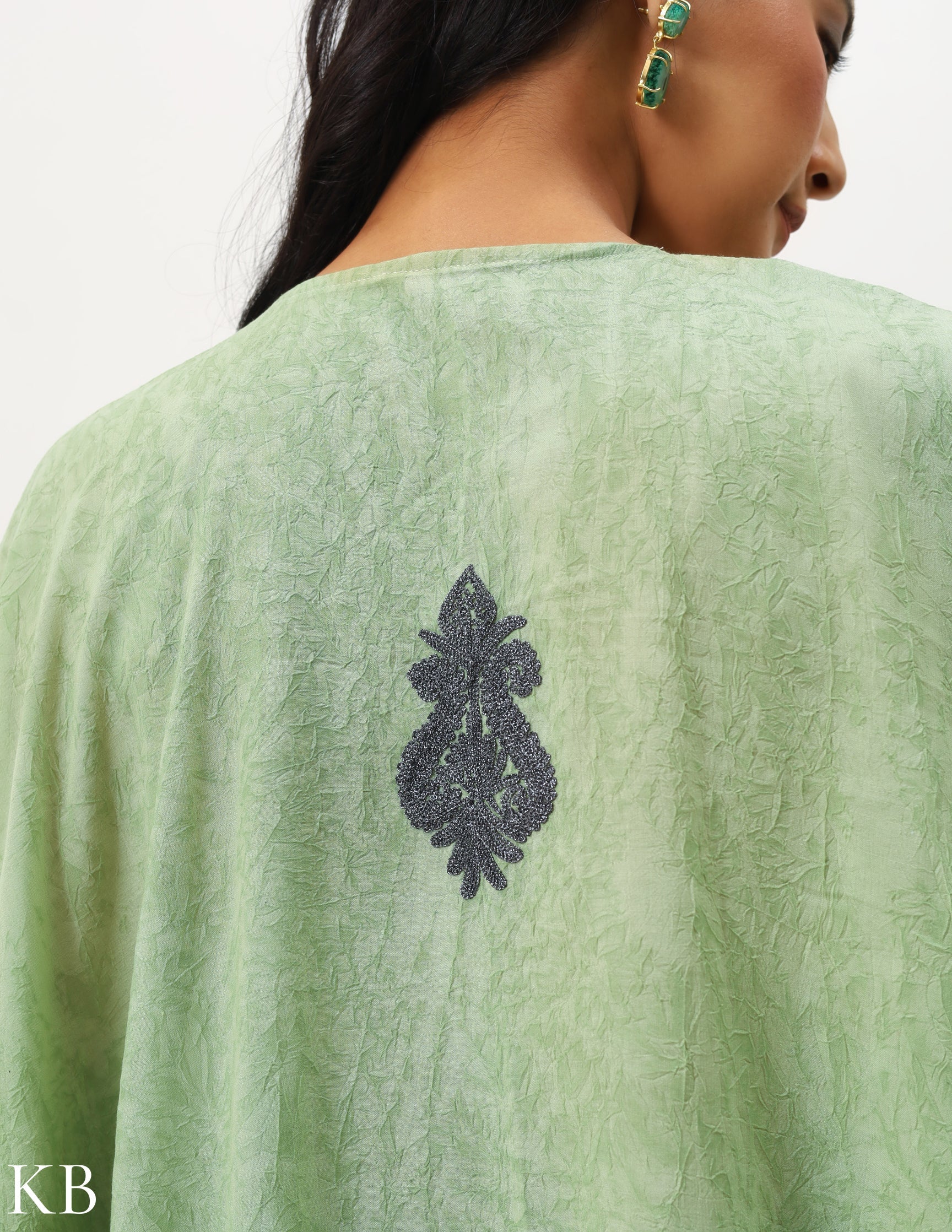 Pristine Green Zari Embellished Cotton Kaftan - Kashmir Box