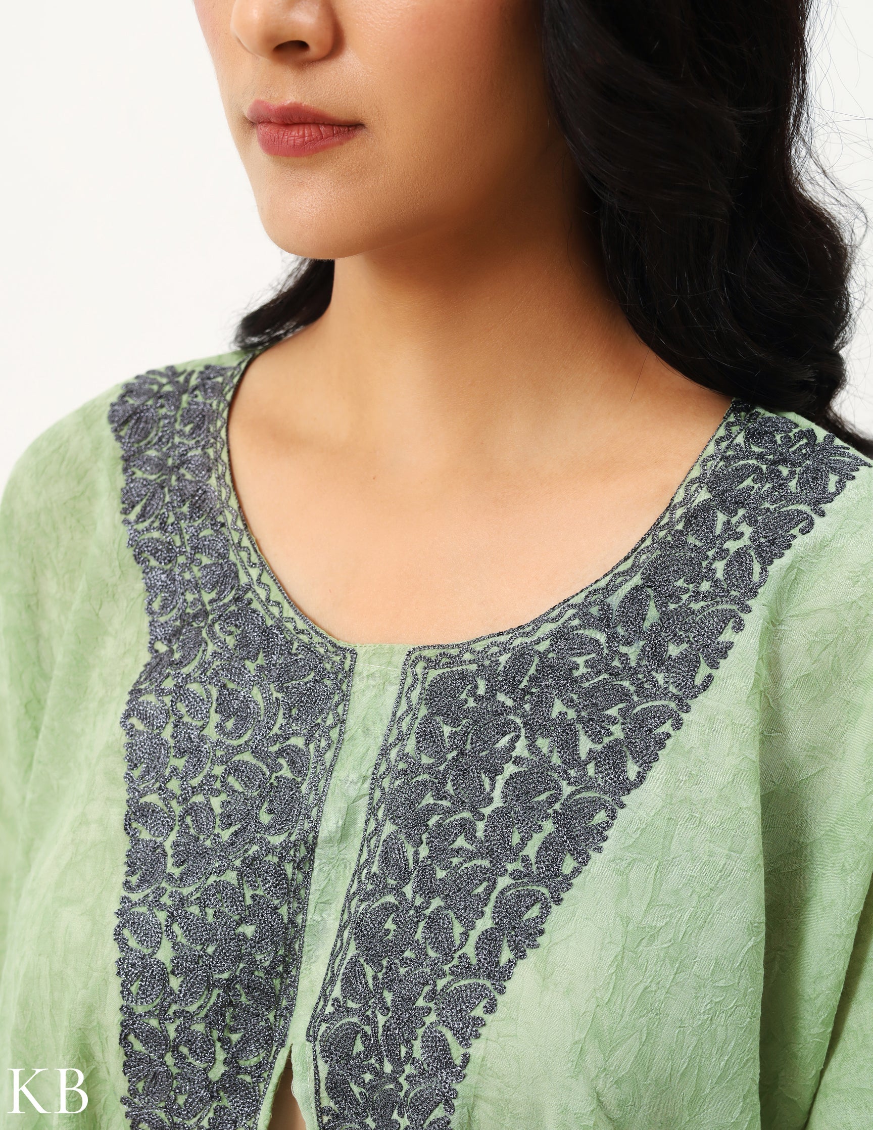 Pristine Green Zari Embellished Cotton Kaftan - Kashmir Box