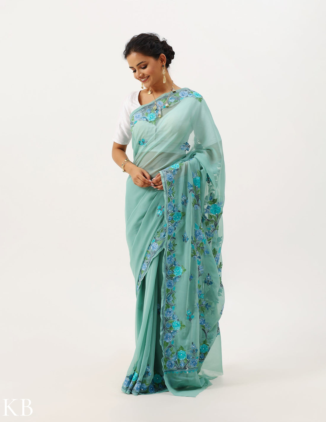 Mint Green Aari Work Georgette Saree - Kashmir Box