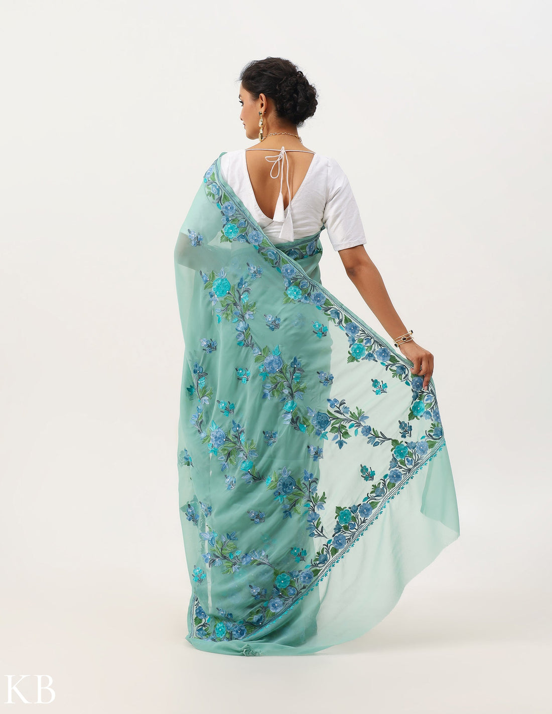 Mint Green Aari Work Georgette Saree - Kashmir Box