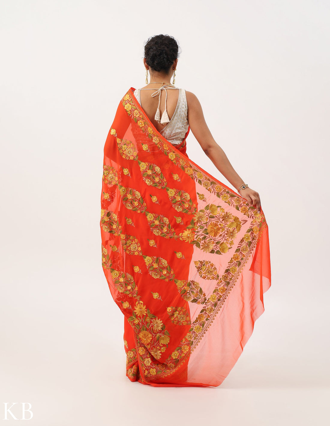 Mandarin Orange Floral Embroidered Georgette Saree - Kashmir Box