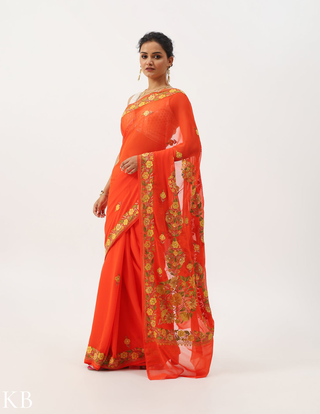 Mandarin Orange Floral Embroidered Georgette Saree - Kashmir Box