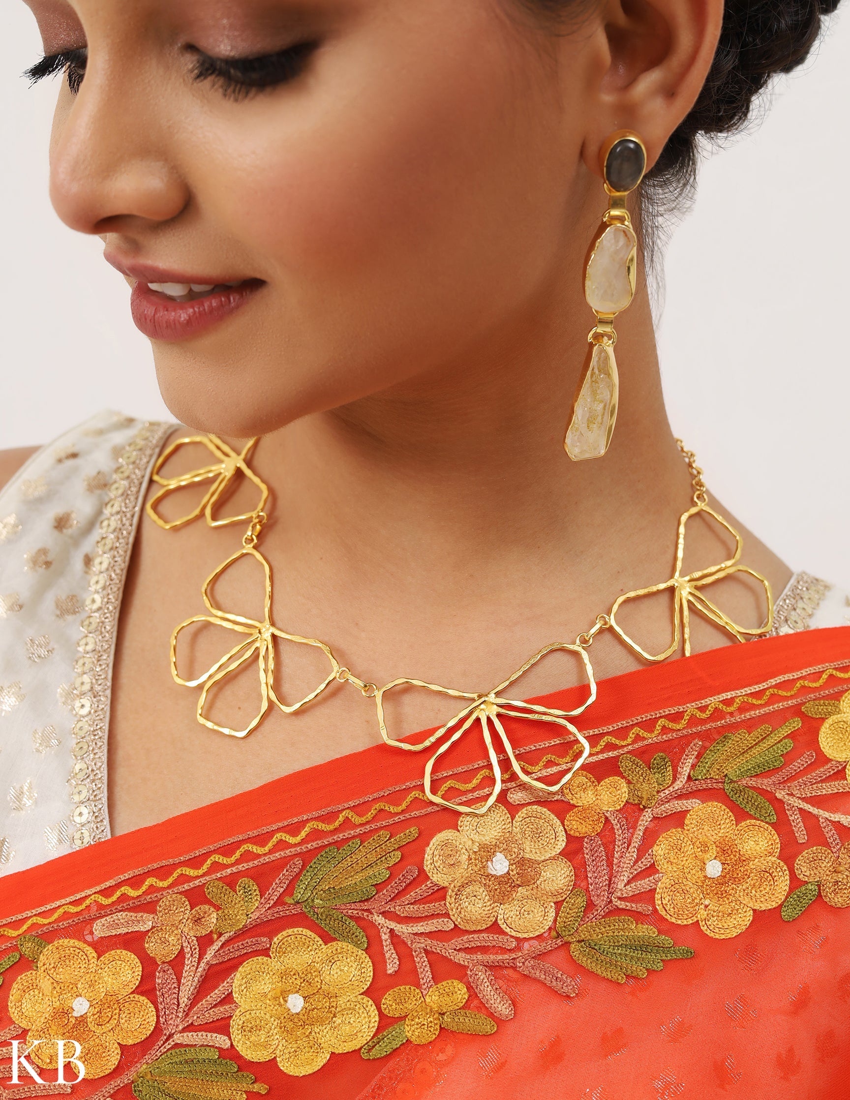 Mandarin Orange Floral Embroidered Georgette Saree - Kashmir Box