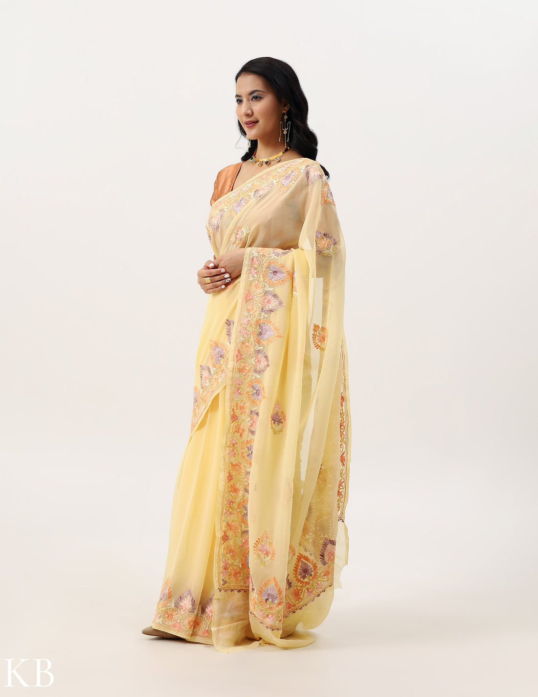 Gold Buff Georgette Saree with Aari Patterns - Kashmir Box