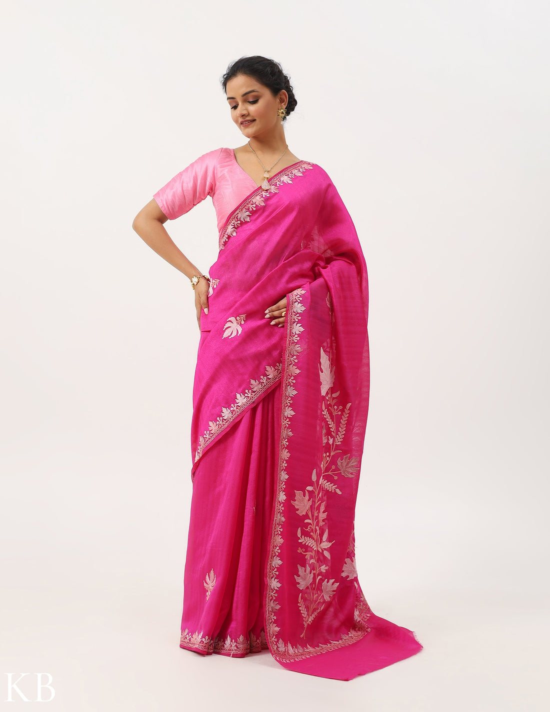 Royal Pink Chinar Aari Work Silk Saree - Kashmir Box