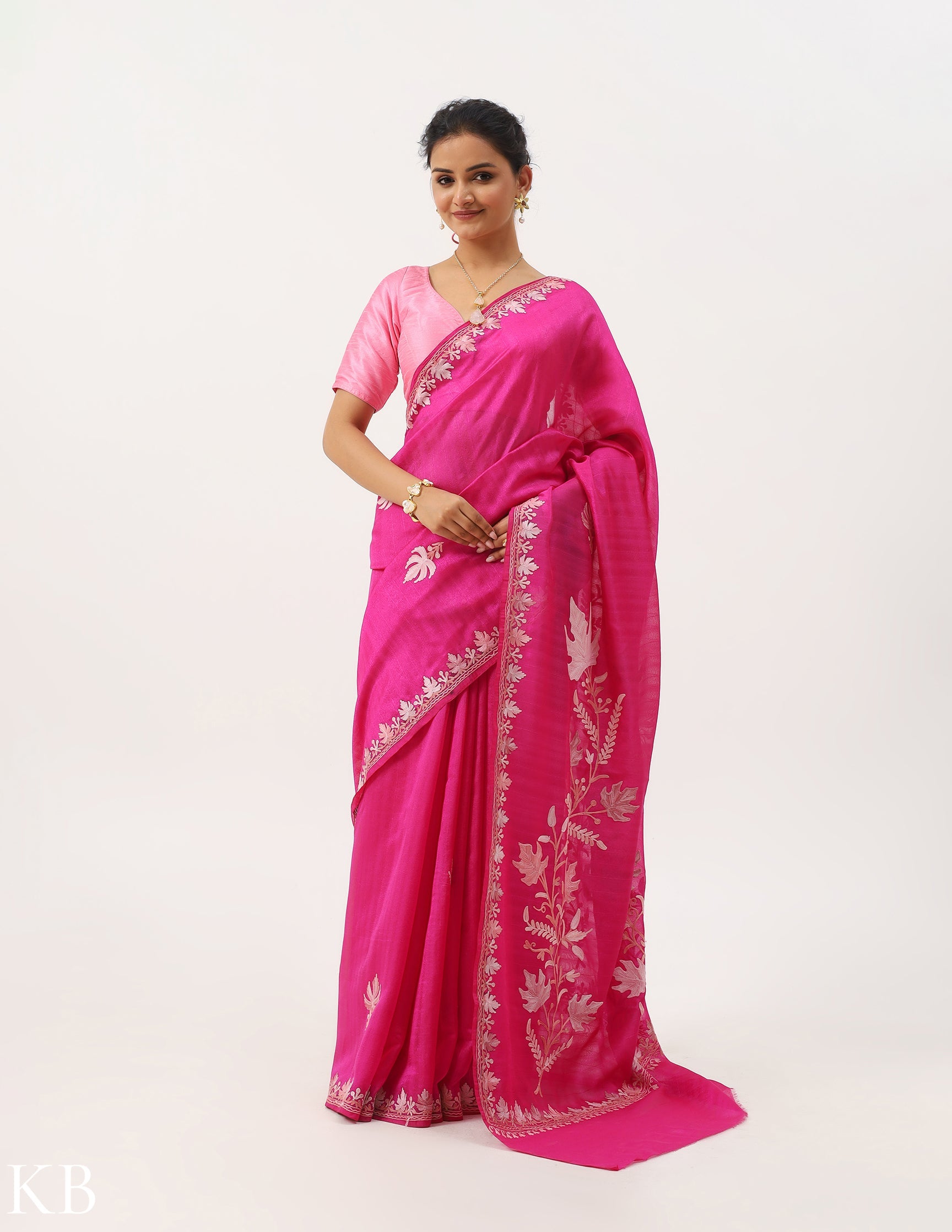 Royal Pink Chinar Aari Work Silk Saree - Kashmir Box