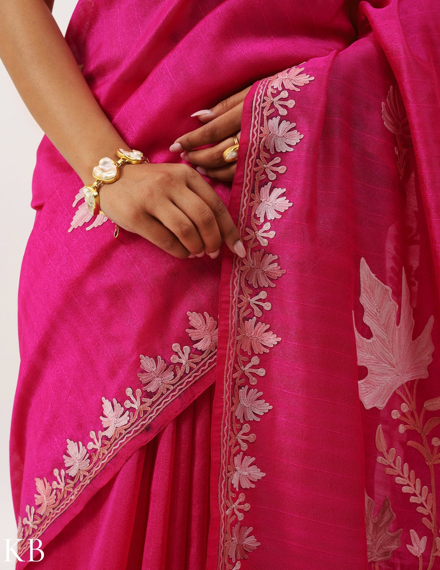 Royal Pink Chinar Aari Work Silk Saree - Kashmir Box