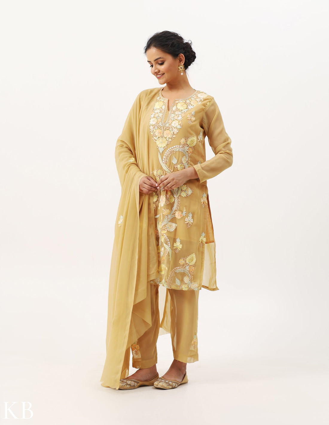 Khaki Beige Three-Piece Aari Work Georgette Suit - Kashmir Box