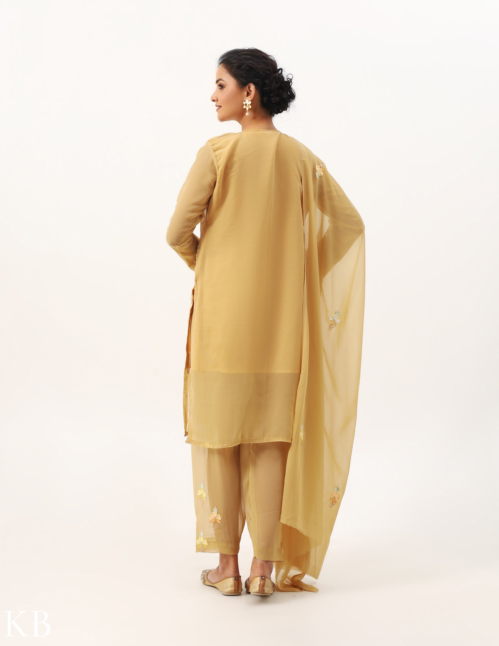 Khaki Beige Three-Piece Aari Work Georgette Suit - Kashmir Box