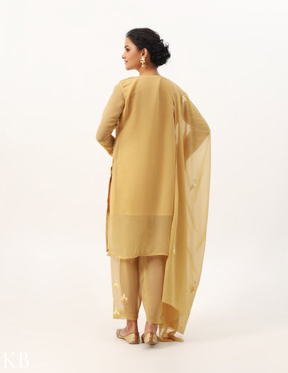 Khaki Beige Three-Piece Aari Work Georgette Suit - Kashmir Box