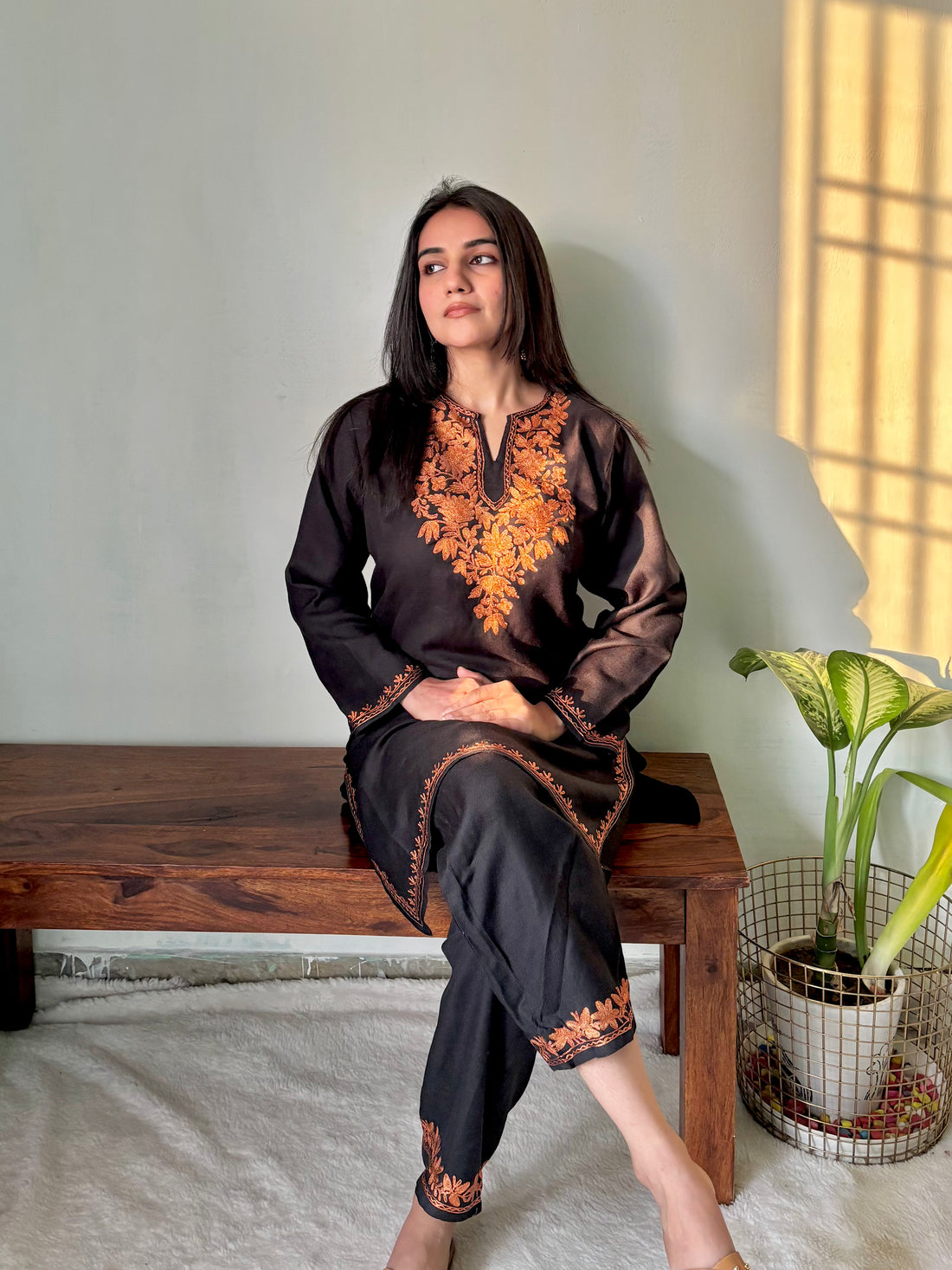 meHER Classic Black Kashmiri Copper Zari Woollen Co-ord Set