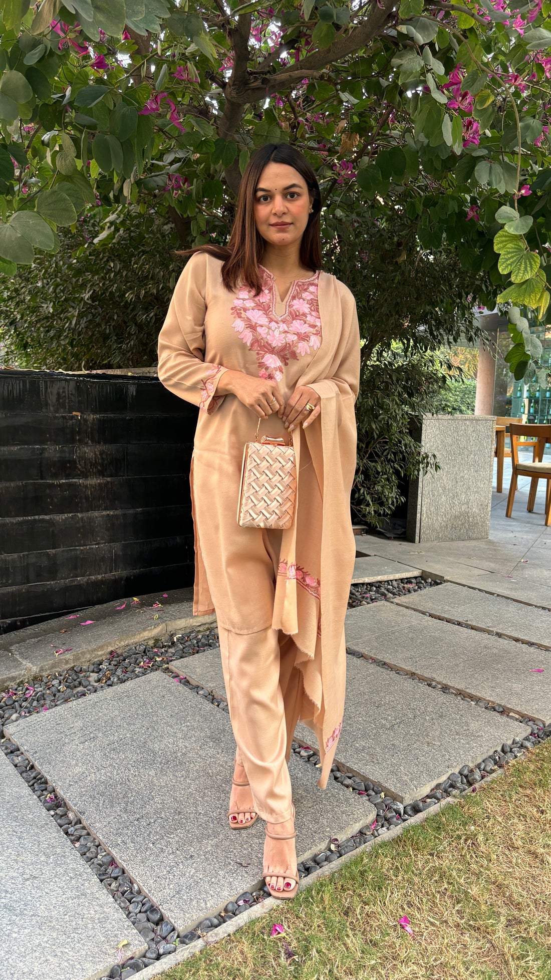 meHER Latte Brown Kashmiri Aari Woollen Co-ord Set