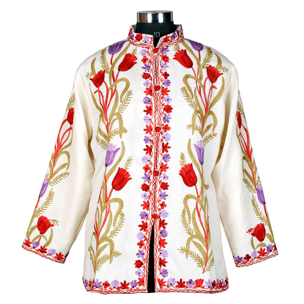 Kashmiri White Rose Short Woolen Jacket - KashmirBox.com