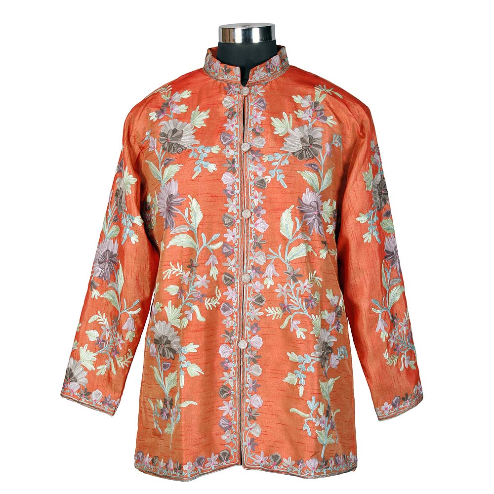 Kashmiri Orange Short Silk Jacket - KashmirBox.com