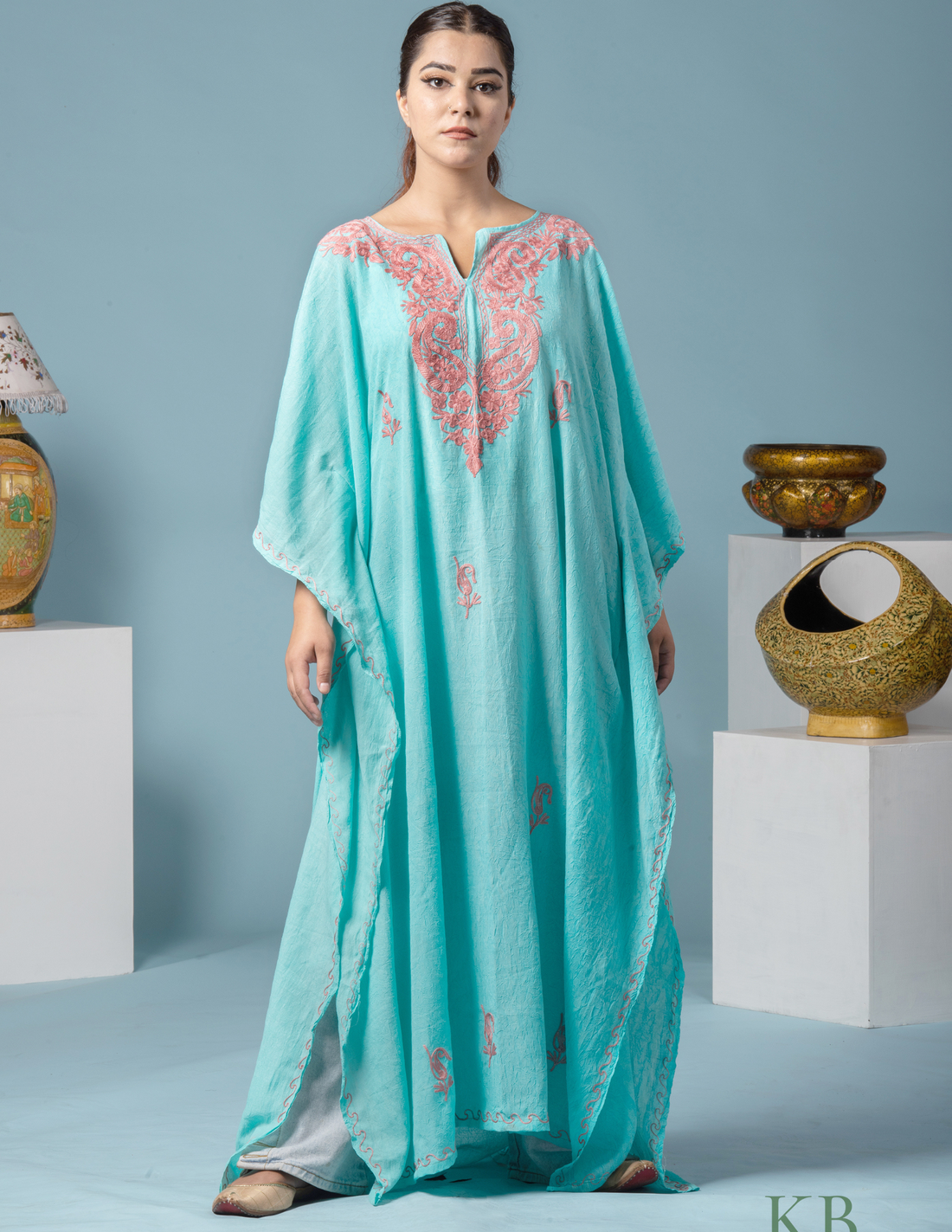 Badaam Posh Sea Green Embroidered Kaftan - Kashmir Box