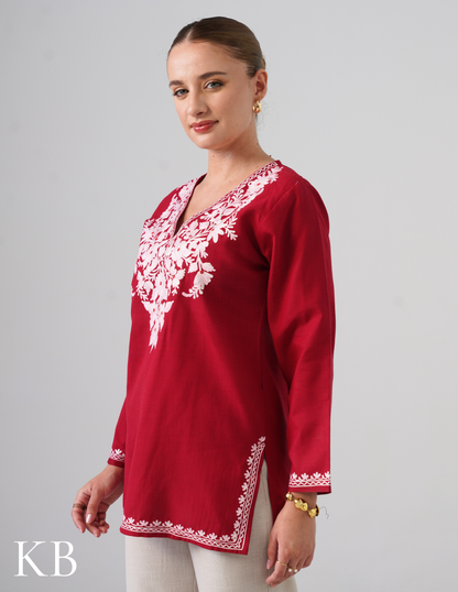 Blush Aari Embroidery Maroon Cotton Top