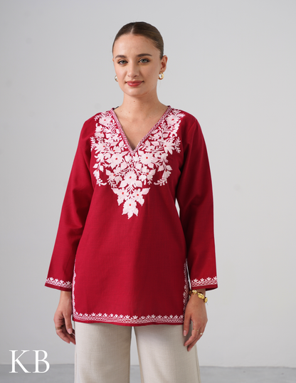 Blush Aari Embroidery Maroon Cotton Top