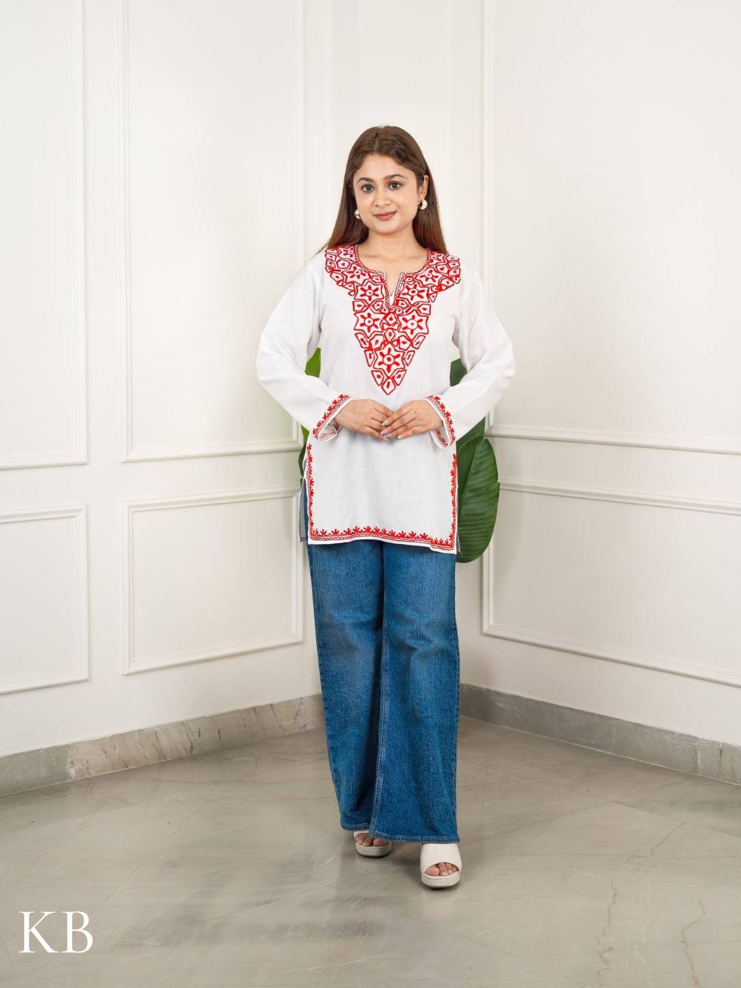 Crimson Embroidered White Cotton Top
