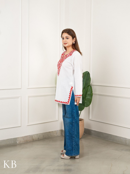 Crimson Embroidered White Cotton Top