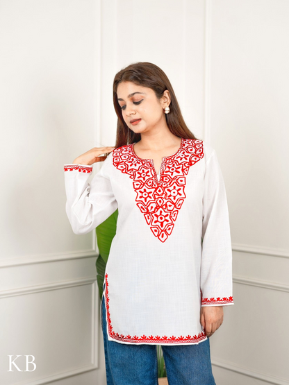 Crimson Embroidered White Cotton Top