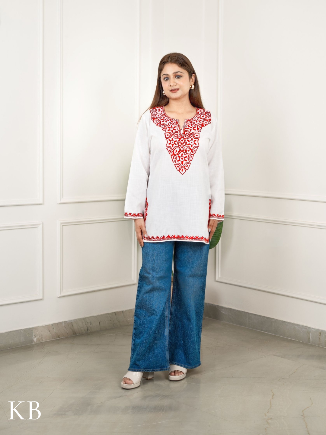 Crimson Embroidered White Cotton Top