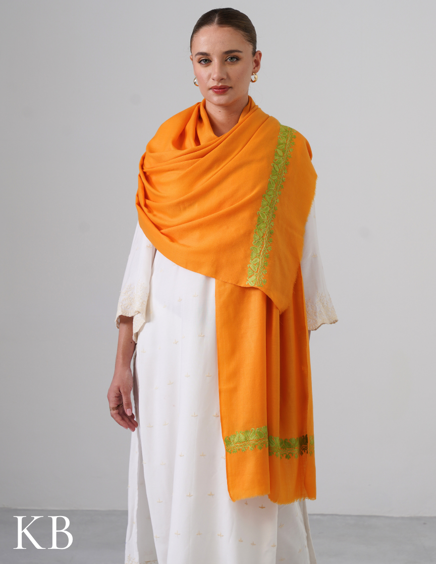 Sun Yellow Woollen Stole with Green Aari Embroidery | Bright Kashmiri Accent - Kashmir Box