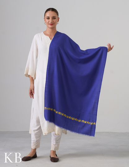 Iris Blue Woollen Stole with Yellow-Green Aari Embroidery | Cheerful Kashmiri Detailing - Kashmir Box