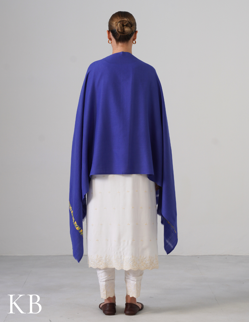 Iris Blue Woollen Stole with Yellow-Green Aari Embroidery | Cheerful Kashmiri Detailing - Kashmir Box