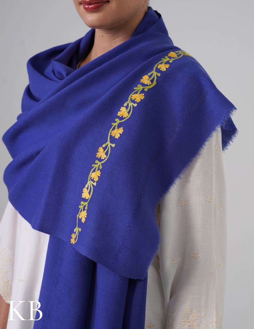 Iris Blue Woollen Stole with Yellow-Green Aari Embroidery | Cheerful Kashmiri Detailing - Kashmir Box