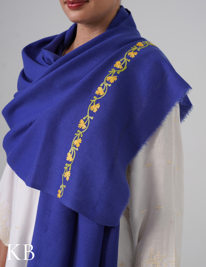 Iris Blue Woollen Stole with Yellow-Green Aari Embroidery | Cheerful Kashmiri Detailing - Kashmir Box