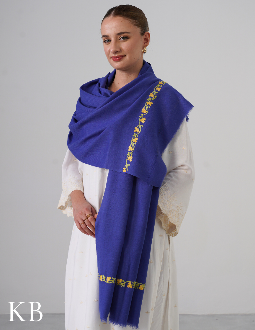 Iris Blue Woollen Stole with Yellow-Green Aari Embroidery | Cheerful Kashmiri Detailing - Kashmir Box