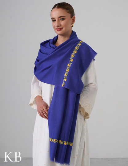 Iris Blue Woollen Stole with Yellow-Green Aari Embroidery | Cheerful Kashmiri Detailing - Kashmir Box