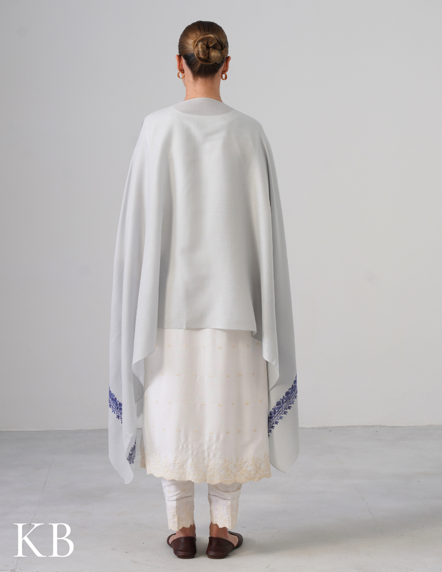 Water Grey Woollen Stole with Greyish Blue Aari Embroidery | Subtle Everyday Elegance - Kashmir Box