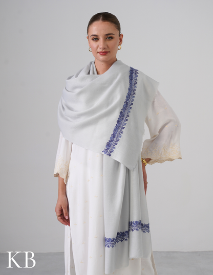 Water Grey Woollen Stole with Greyish Blue Aari Embroidery | Subtle Everyday Elegance - Kashmir Box