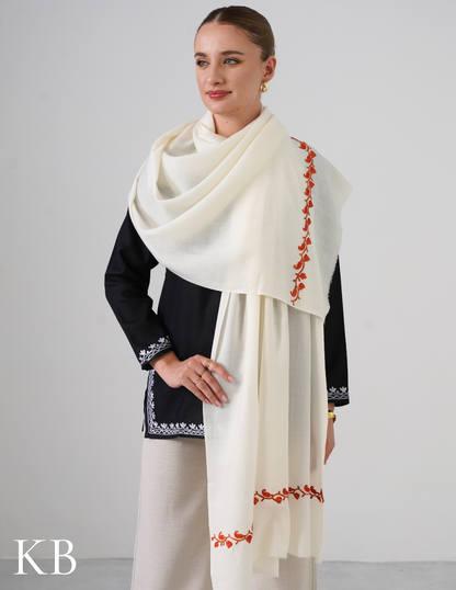 White Woollen Stole with Rust Orange Aari Embroidery | Minimal &amp; Timeless - Kashmir Box