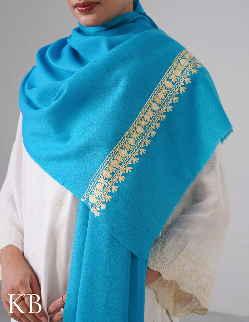 Sky Blue Woollen Stole with Butter Cream Aari Embroidery | Calm Winter Layer - Kashmir Box