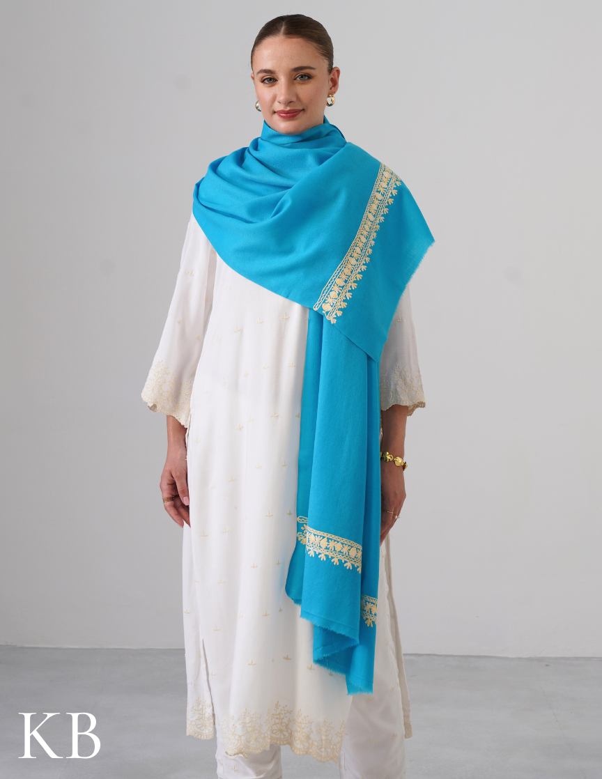 Sky Blue Woollen Stole with Butter Cream Aari Embroidery | Calm Winter Layer - Kashmir Box