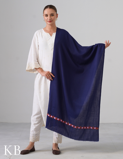 Navy Blue Woollen Stole with Pink &amp; Rust Aari Embroidery | Refined Winter Layer - Kashmir Box