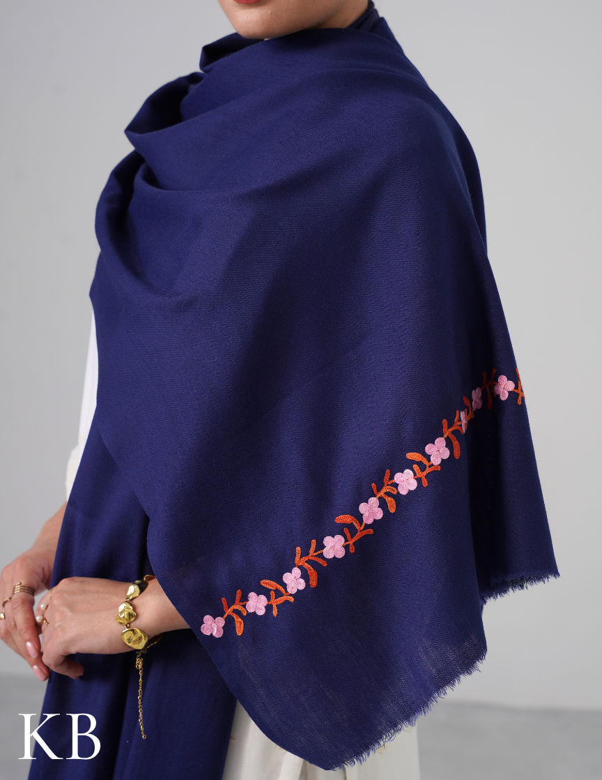 Navy Blue Woollen Stole with Pink &amp; Rust Aari Embroidery | Refined Winter Layer - Kashmir Box