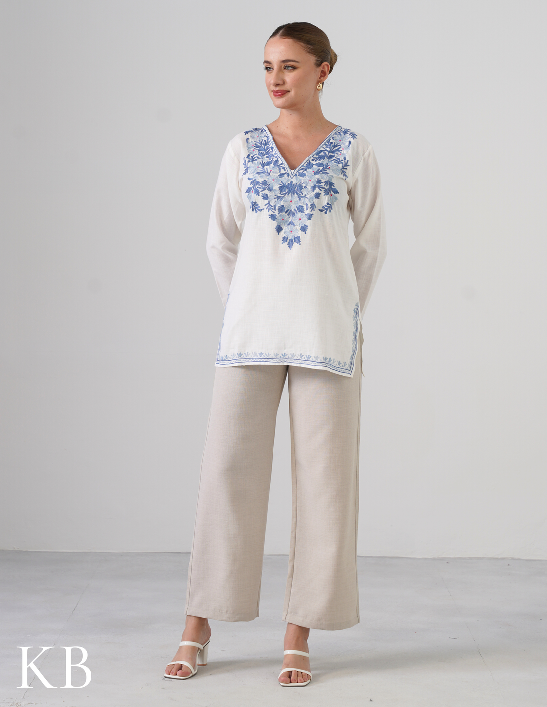 White Embroidered Short Kurti for Women - Cotton Aari Work