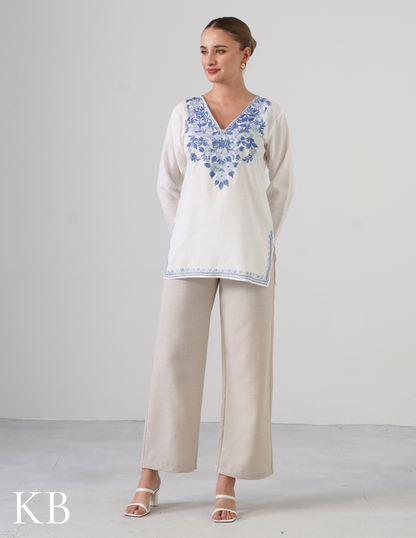 White Embroidered Short Kurti for Women - Cotton Aari Work