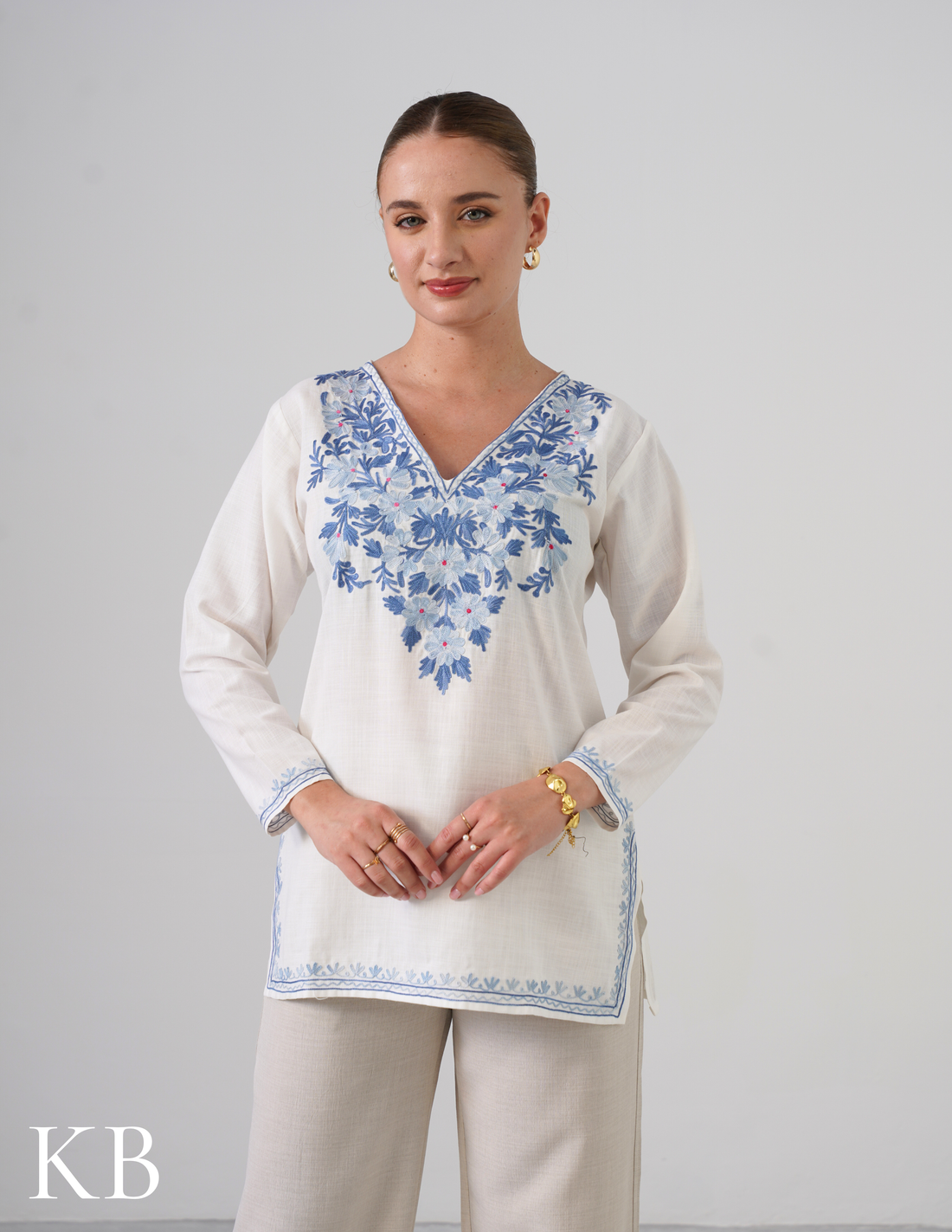 White Embroidered Short Kurti for Women - Cotton Aari Work