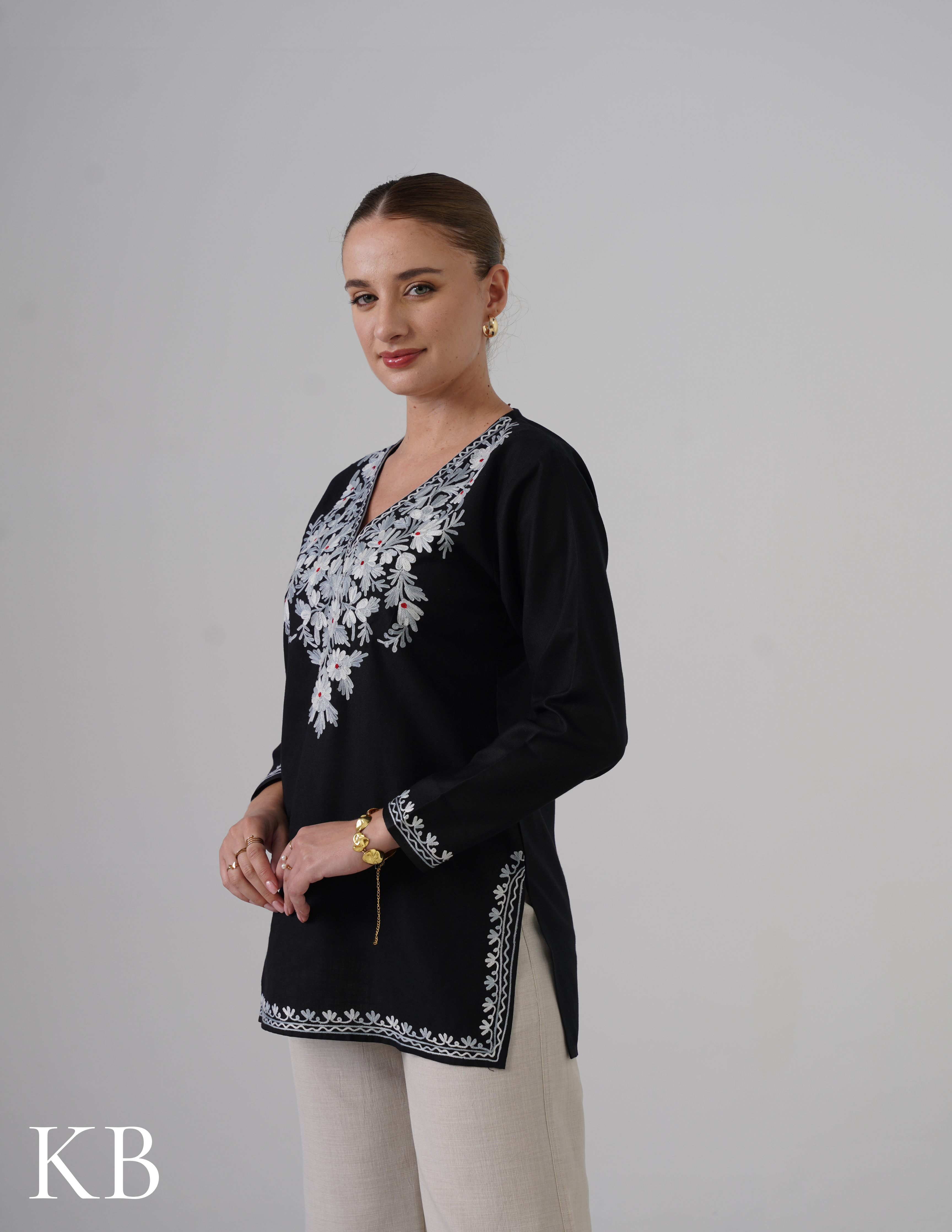 Black Embroidered Short Kurti for Women - Cotton Aari Work