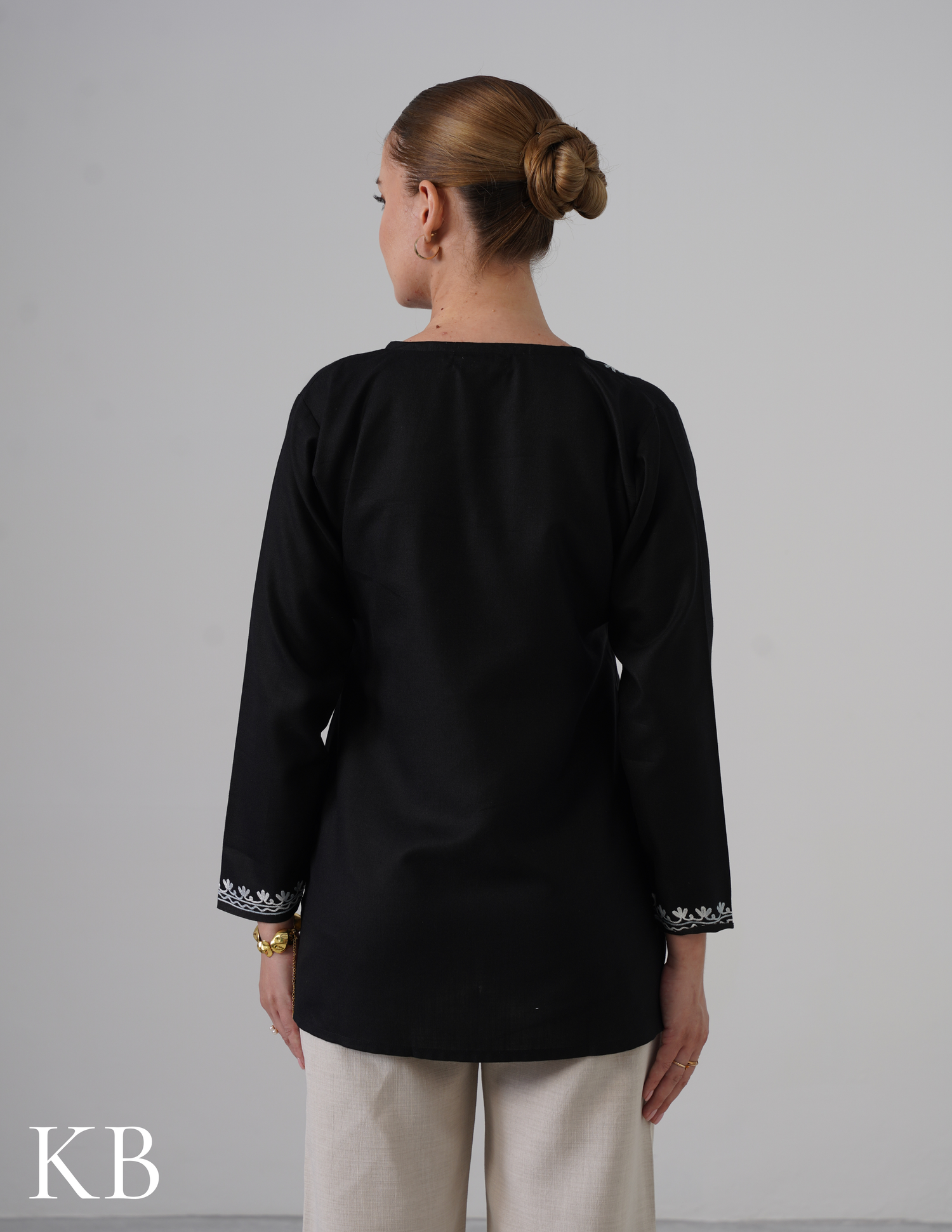 Black Embroidered Short Kurti for Women - Cotton Aari Work