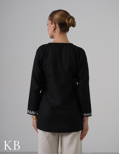 Black Embroidered Short Kurti for Women - Cotton Aari Work