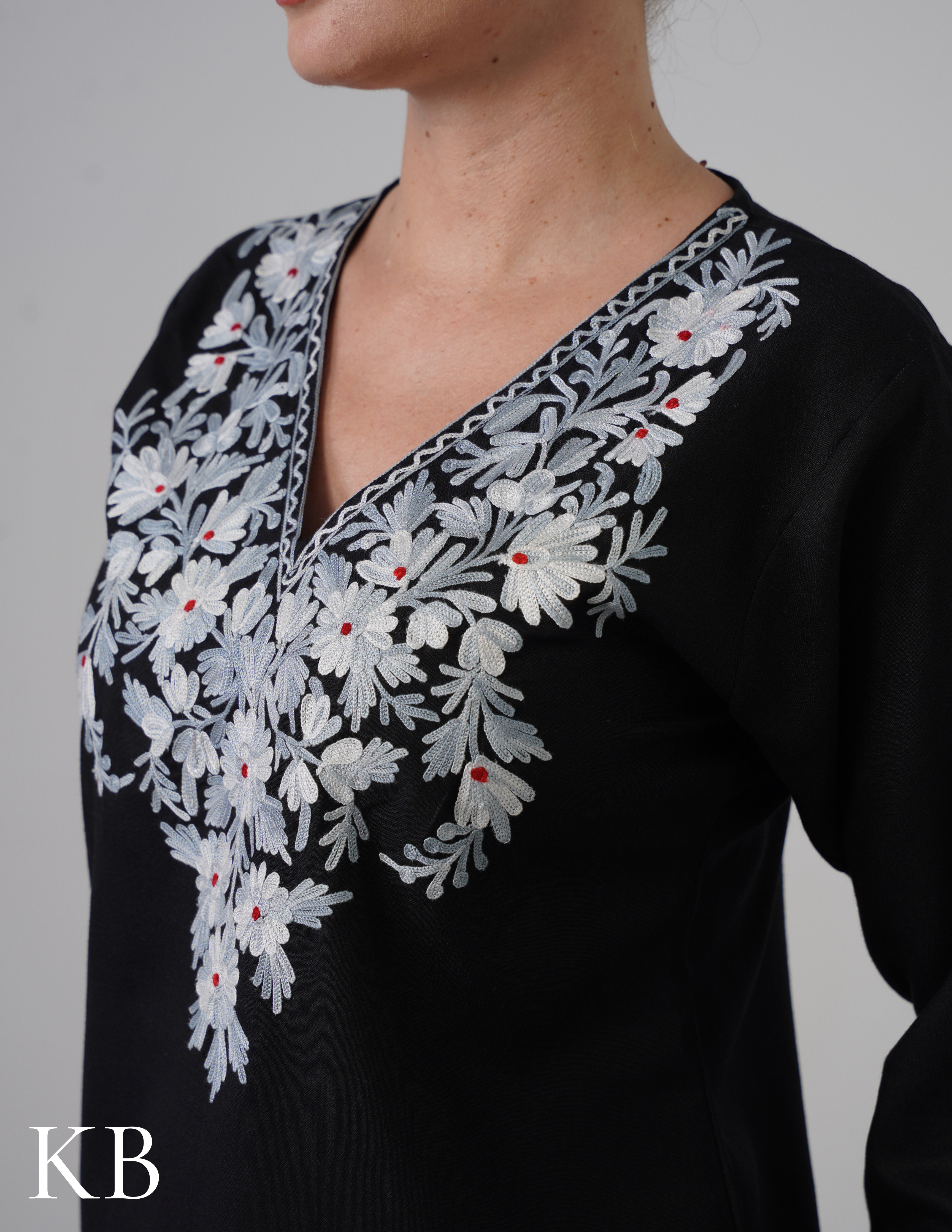 Black Embroidered Short Kurti for Women - Cotton Aari Work