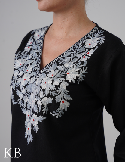 Black Embroidered Short Kurti for Women - Cotton Aari Work