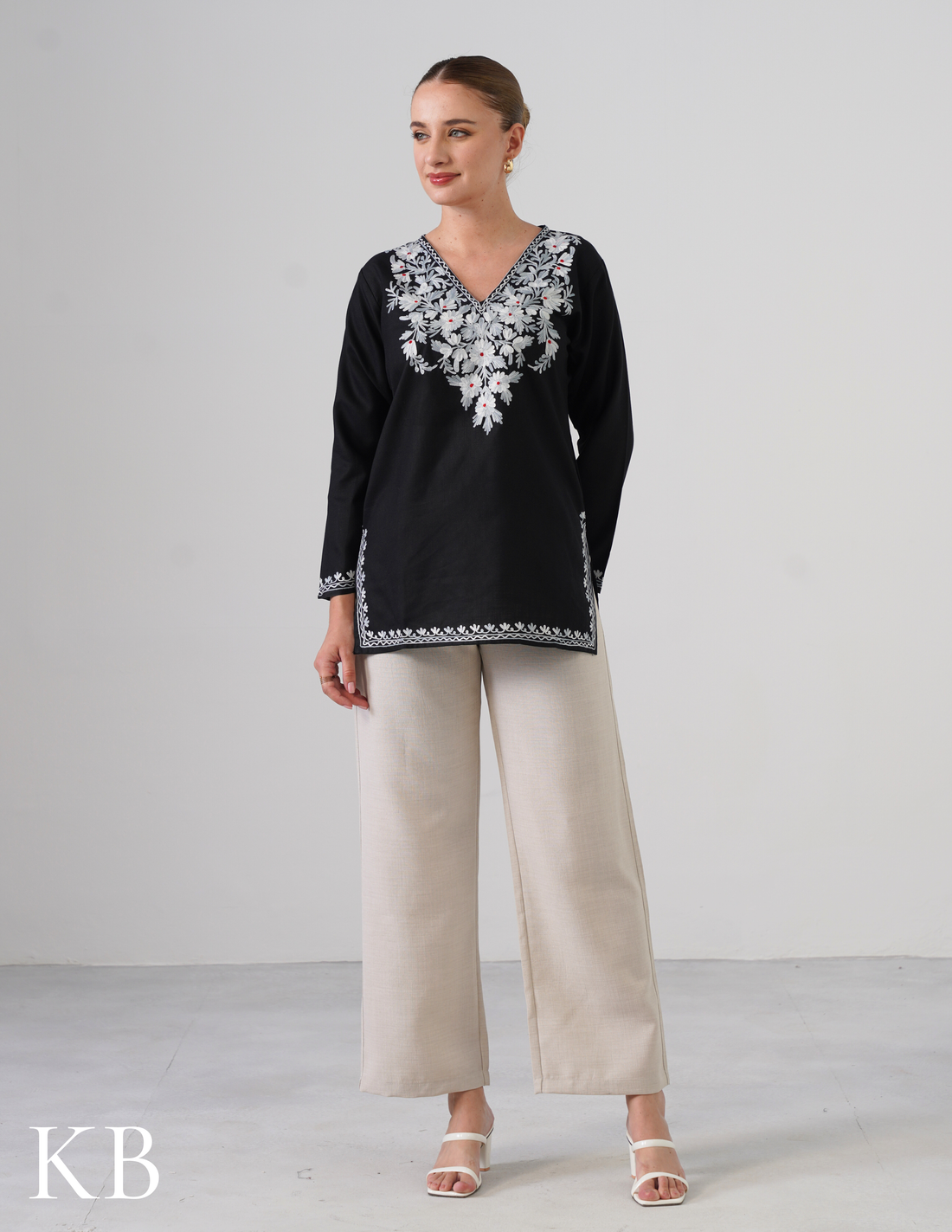 Black Embroidered Short Kurti for Women - Cotton Aari Work