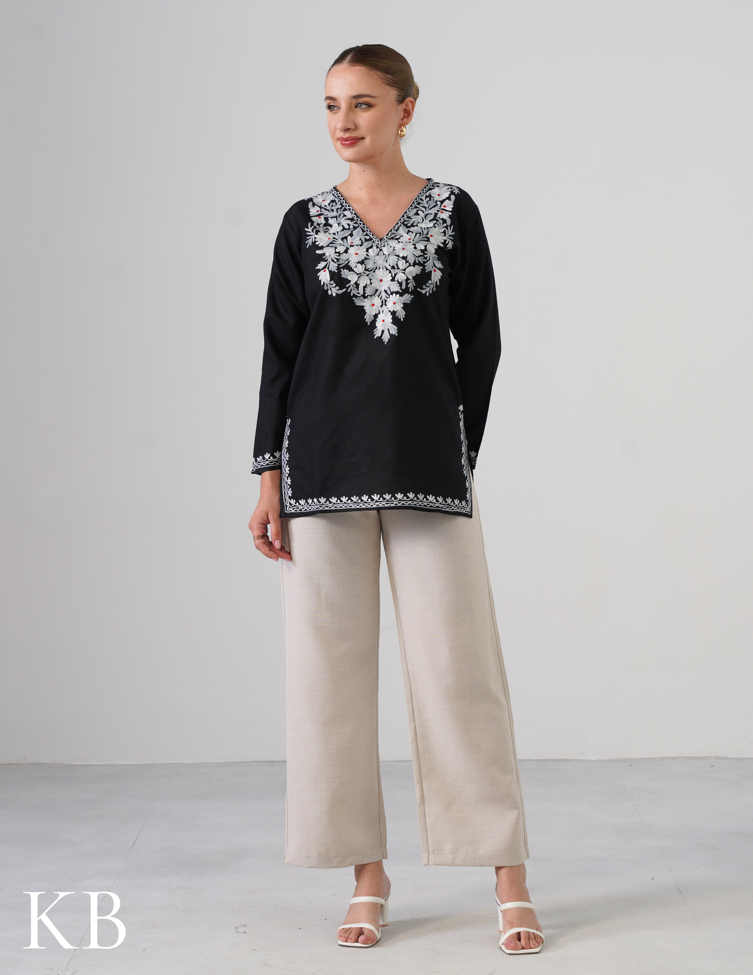 Black Embroidered Short Kurti for Women - Cotton Aari Work